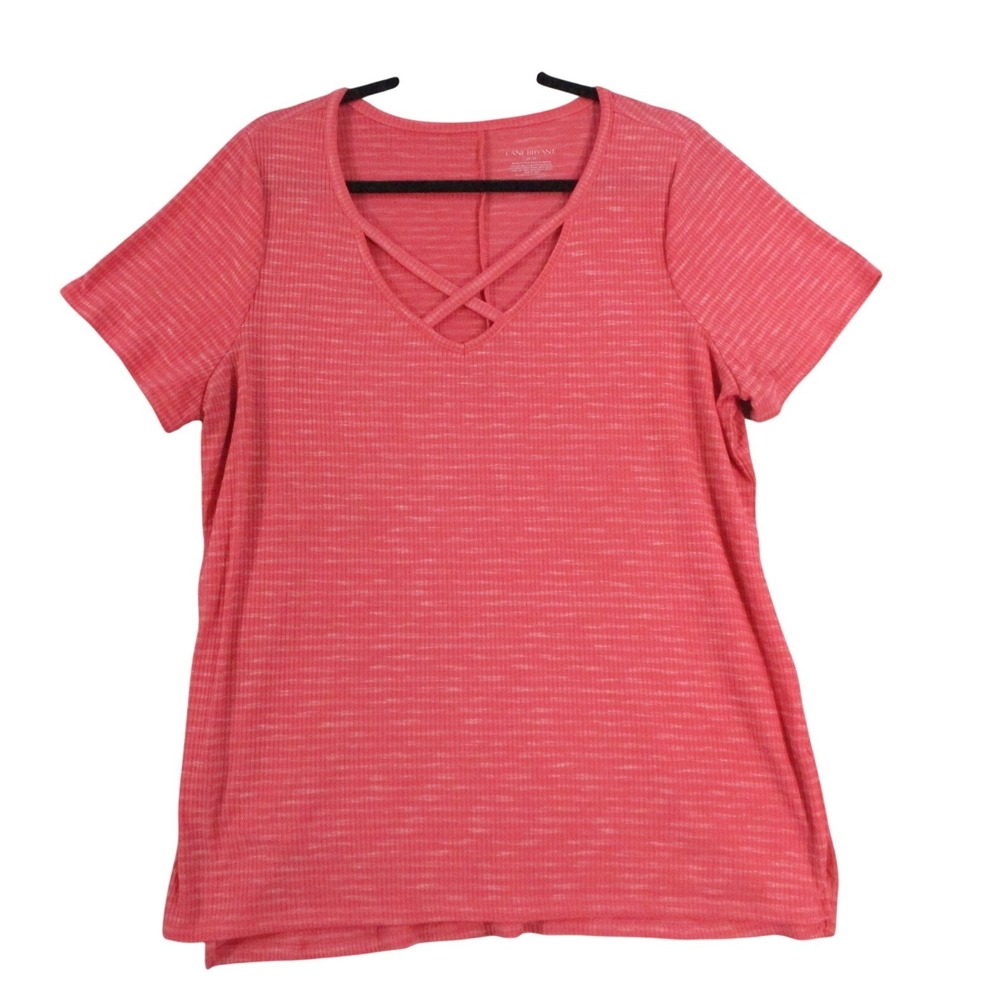 Lane Bryant Women Coral Pink Space Dye Ribbed Crisscross V-Neck T-Shirt 14/16